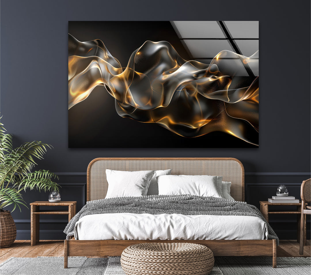 Golden Ember Veil – Abstract Smoke Wave Glass Wall Art