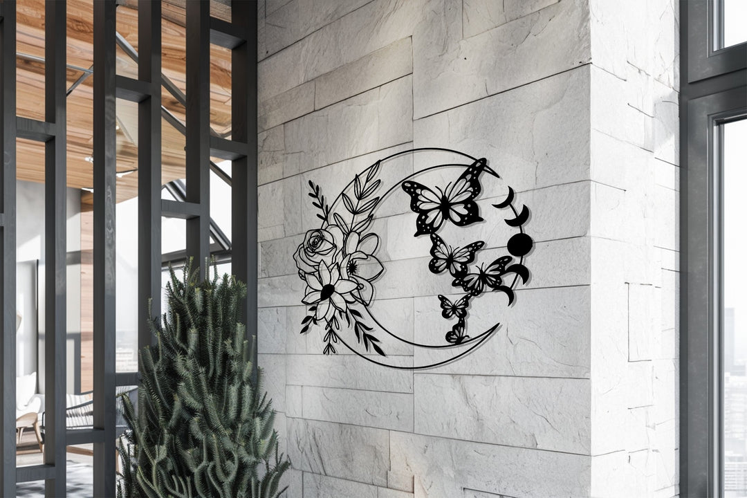 Celestial Harmony – Moon and Butterfly Metal Wall Art