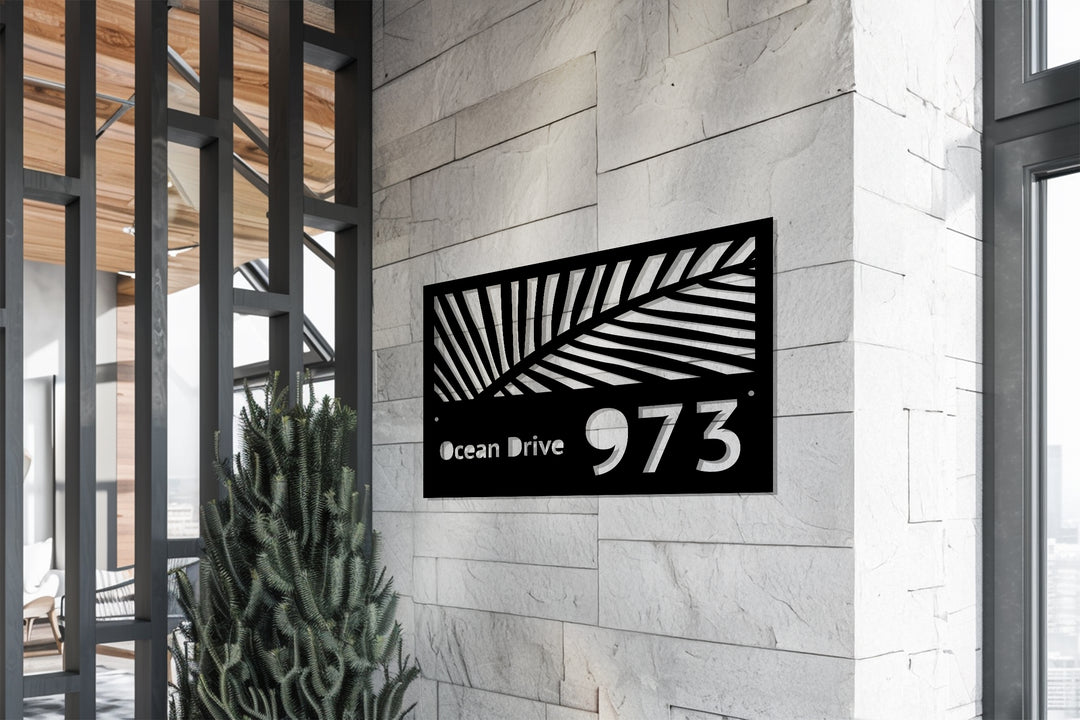 Custom Metal Address Sign – Tropical Palm Leaf House Number Plaque
