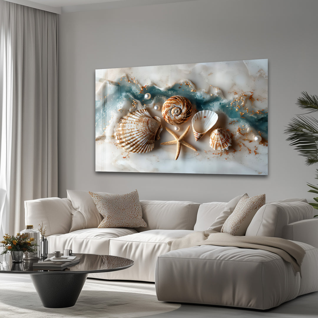 Coastal Treasures – Seashell & Ocean Pearl Glass Wall Art