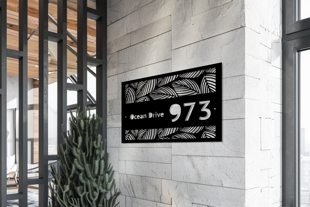 Custom Metal Address Plaque – Tropical Leaf Design House Number Sign