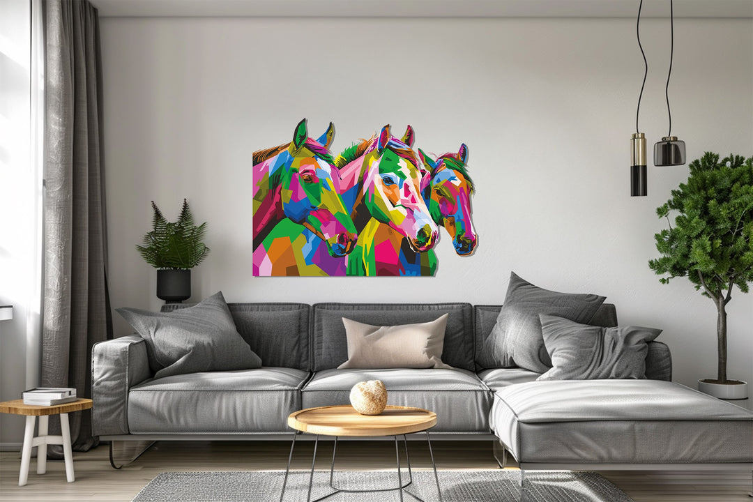 Trio of Horses Metal Wall Art – Vibrant Abstract Animal Wall Decor