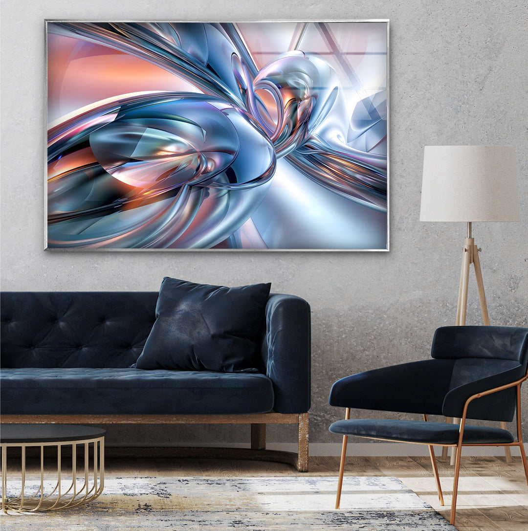 AeroChrome Fusion – Abstract Silver & Sky-Blue Motion Glass Wall Art