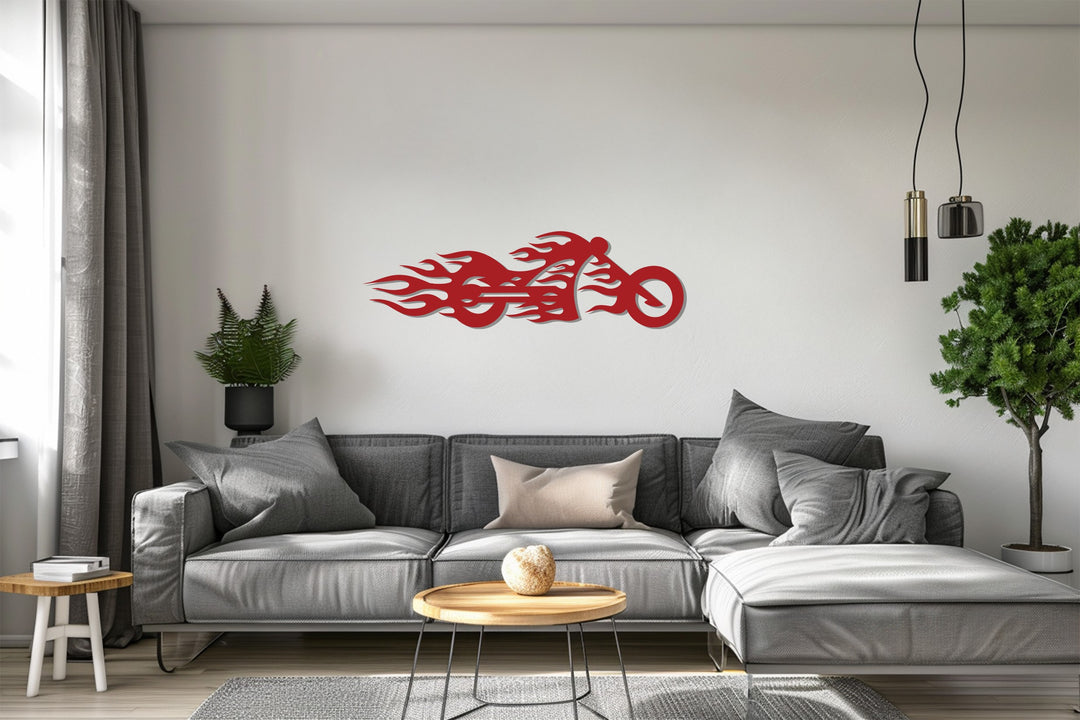 Creating depth and layers, the unique metal wall art of a flaming motorcycle creates a dynamic focal point on the wall, adding a bold and modern aesthetic.