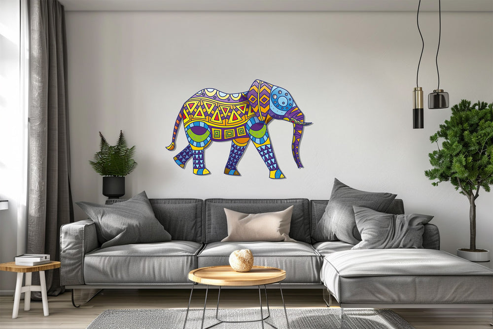 Vibrant geometric elephant metal wall decor in purple and yellow