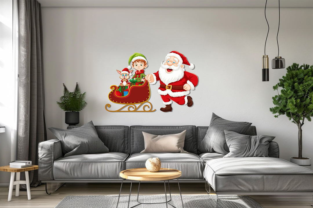 سانتا وجولة الزلاجة مع الجان - لوحة جدارية لعيد الميلاد