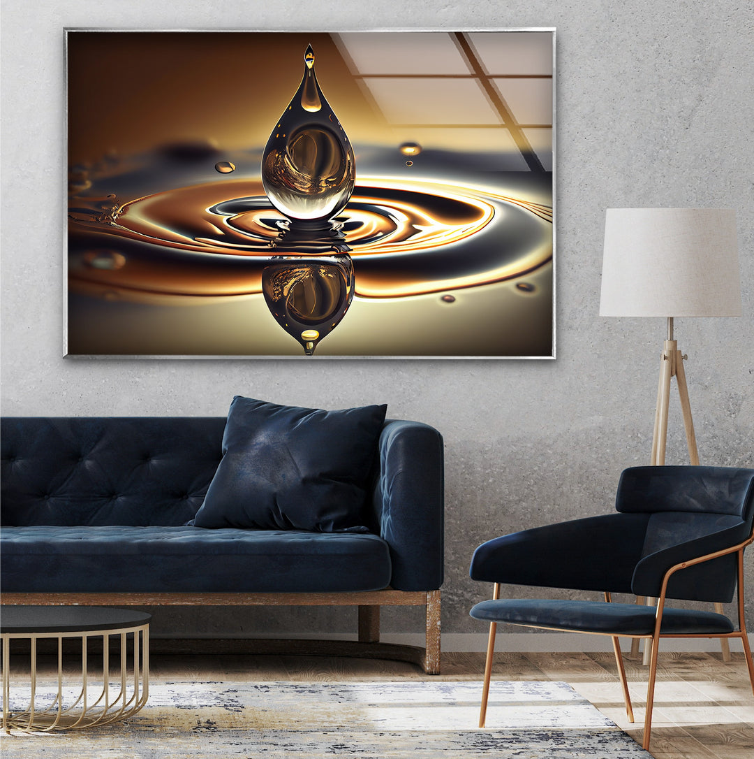 GoldenFlux Droplet Resonance – Liquid Harmony Glass Wall Art
