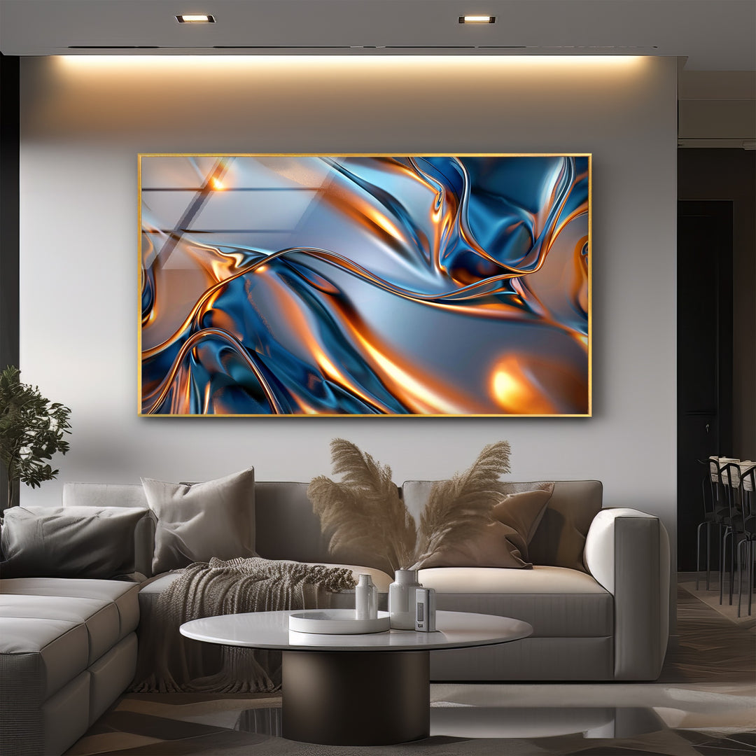 Aurora Metal Flux – Abstract Blue & Copper Chrome Glass Wall Art