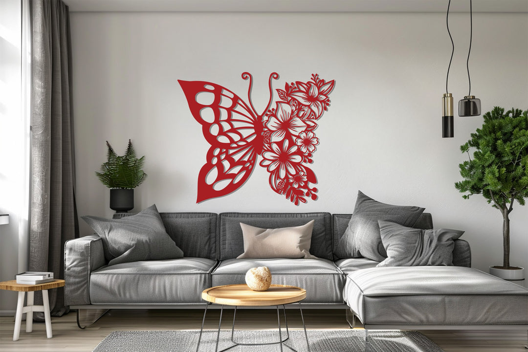 Floral Butterfly Metal Wall Art – Red Nature-Inspired Elegance