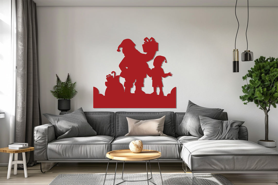 Christmas décor showing Santa giving presents to a child