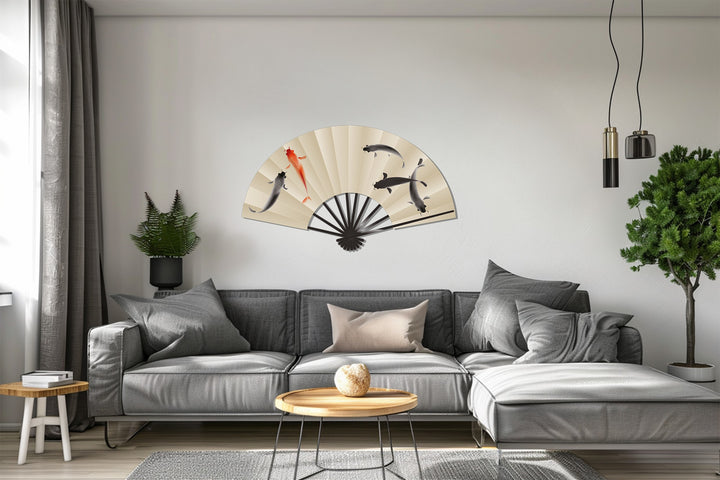 Featuring the loudest element, this vibrant Koi Fish Fan metal art for wall infuses a Japanese-inspired aesthetic with its harmonious blend of elegant black and red tones.