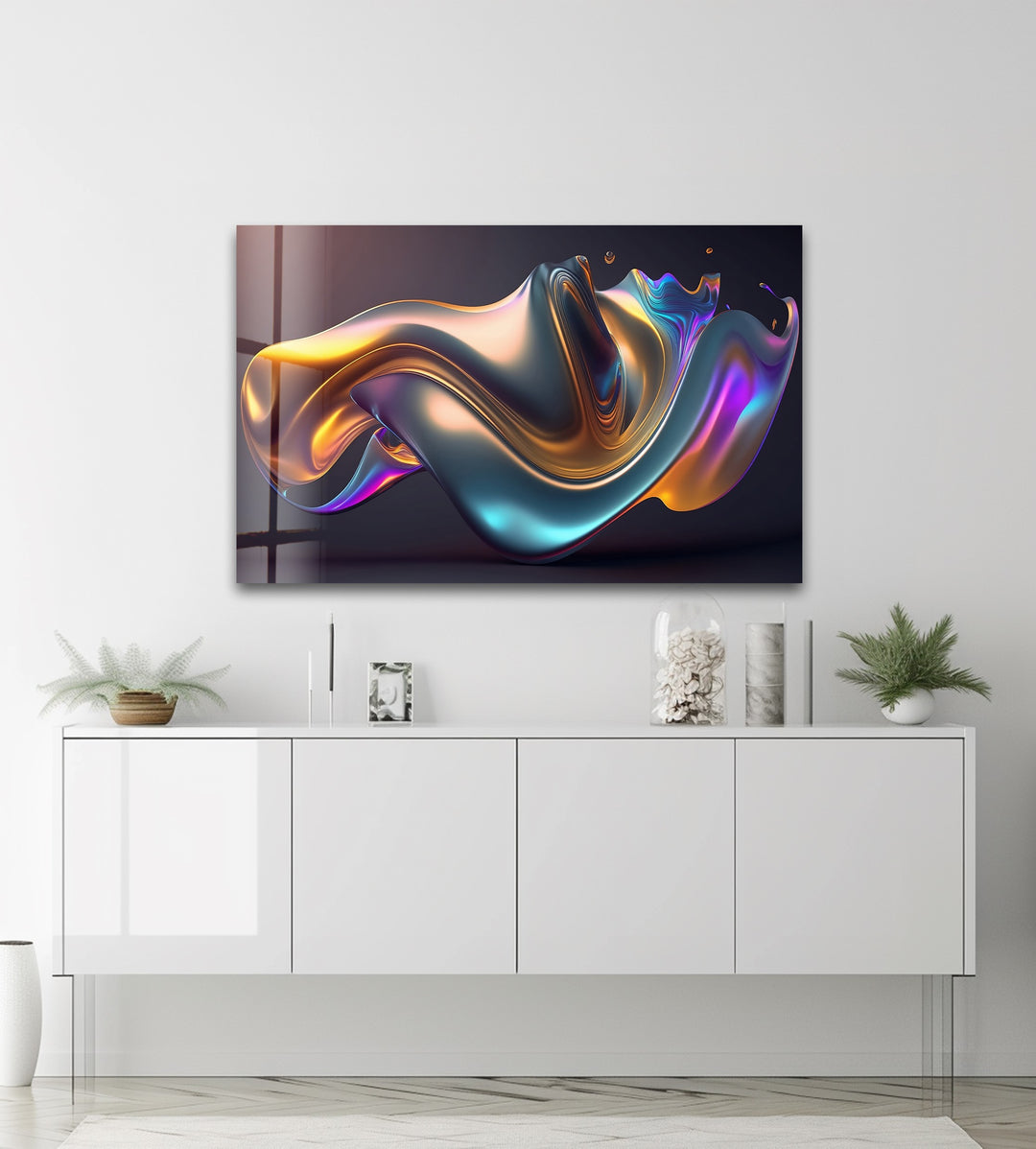 Prismatic Flow Mirage – Iridescent Chrome Wave Glass Wall Art