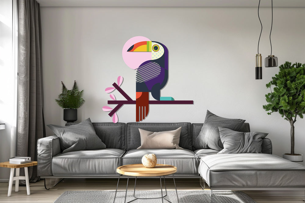 Contemporary tropical bird metal wall decor with pink accents