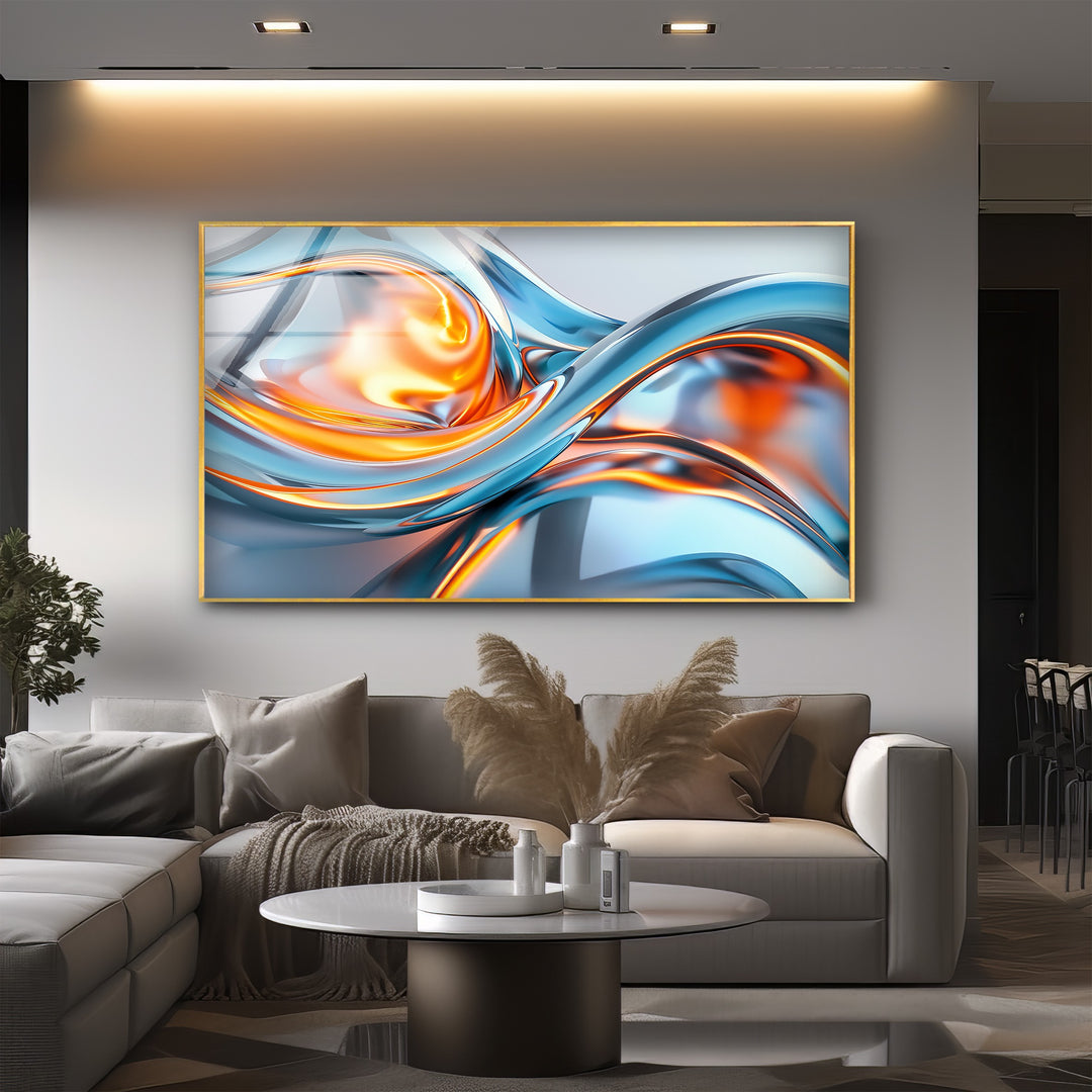 Solar Frost Fusion – Abstract Blue & Orange Chrome Glass Wall Art