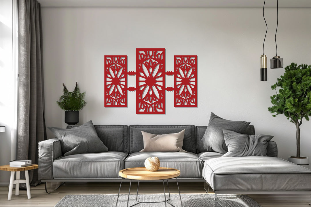 تصميم هندسي زهري - تصميم عصري بثلاثة ألواح فن جداري معدني