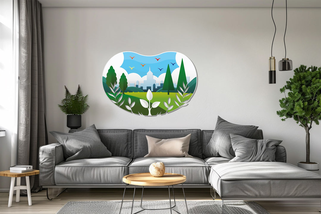 Contemporary landscape art piece with city silhouette