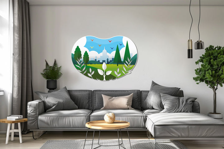 Contemporary landscape art piece with city silhouette