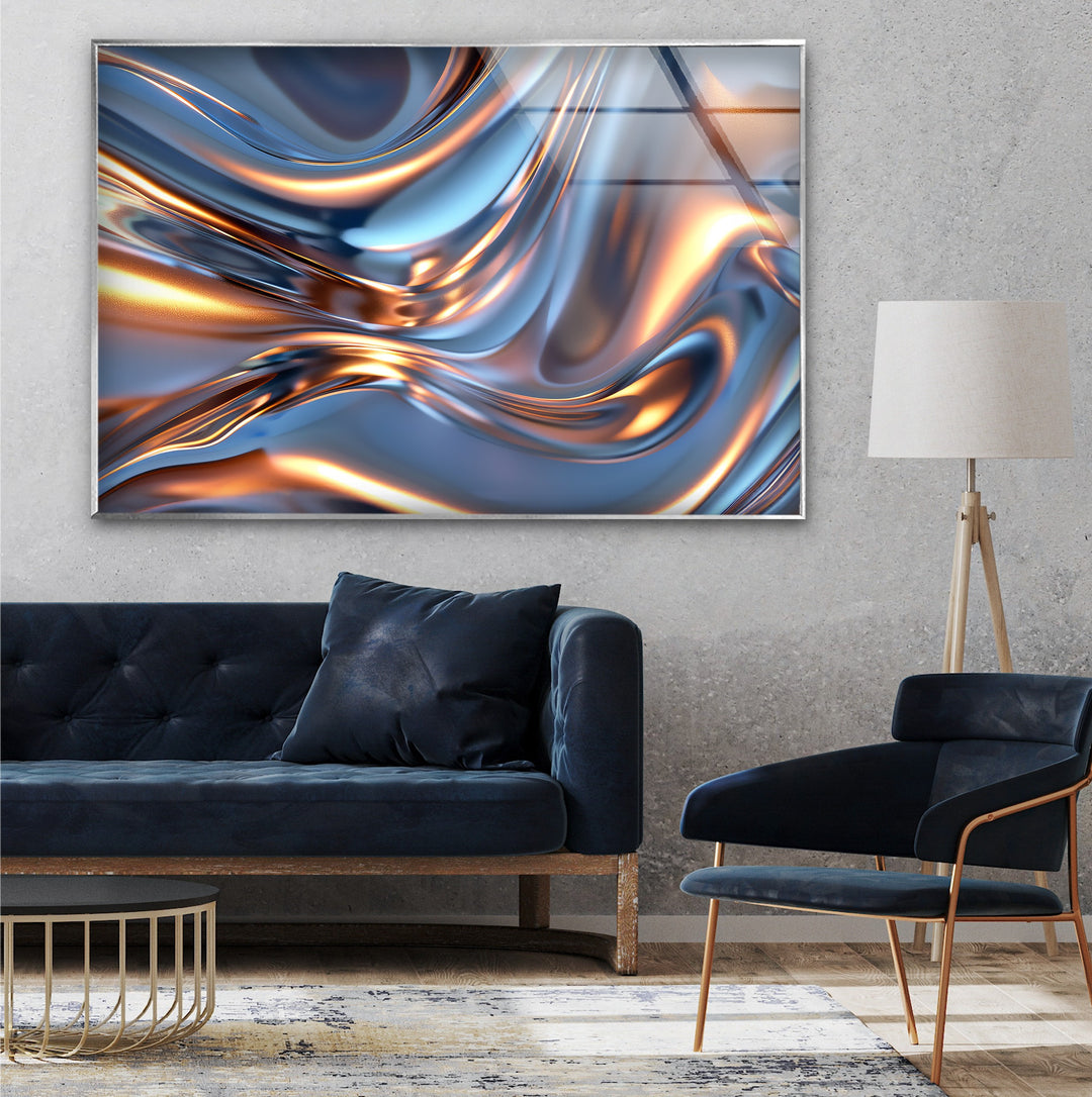Arctic Ember Alloy – Abstract Silver & Copper Wave Glass Wall Art