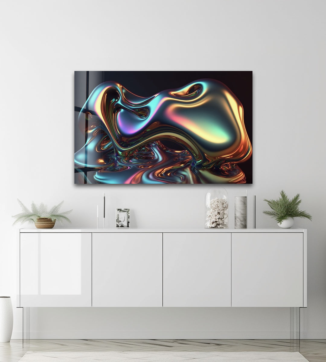 Spectrum Melt Aura – Iridescent Liquid Chrome Glass Wall Art