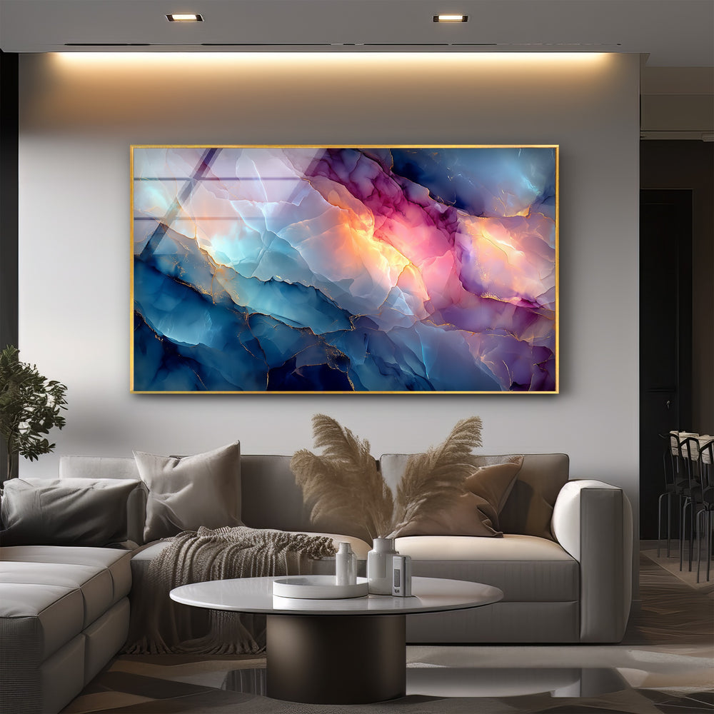 The gilded edge and subtle reflections on this abstract marble glass wall art create a luxurious focal point for elegant home decoration.