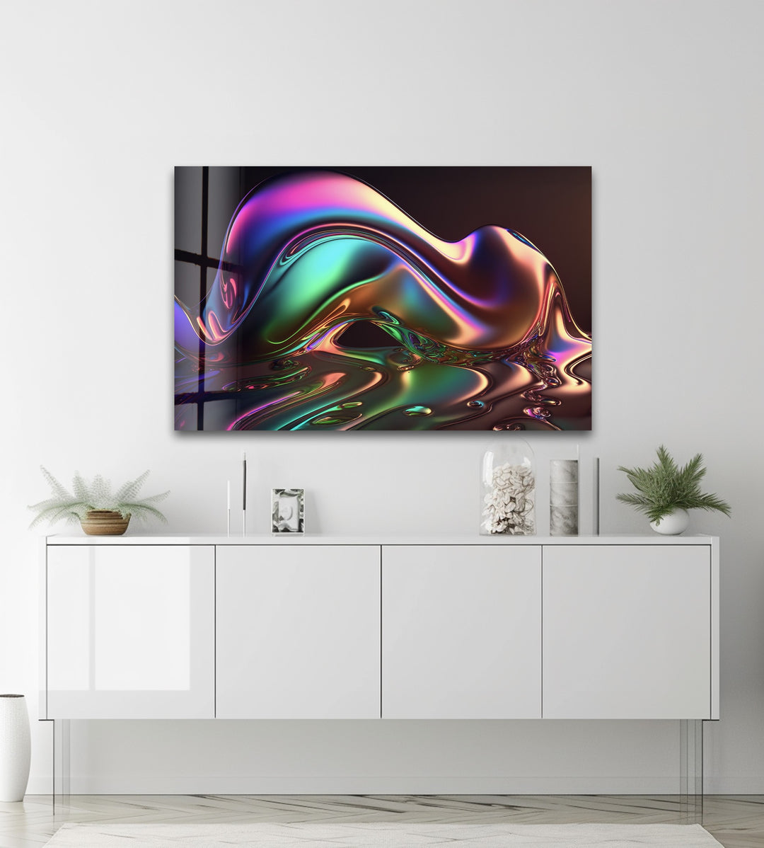 Neon Mirage Crest – Iridescent Chrome Wave Glass Wall Art