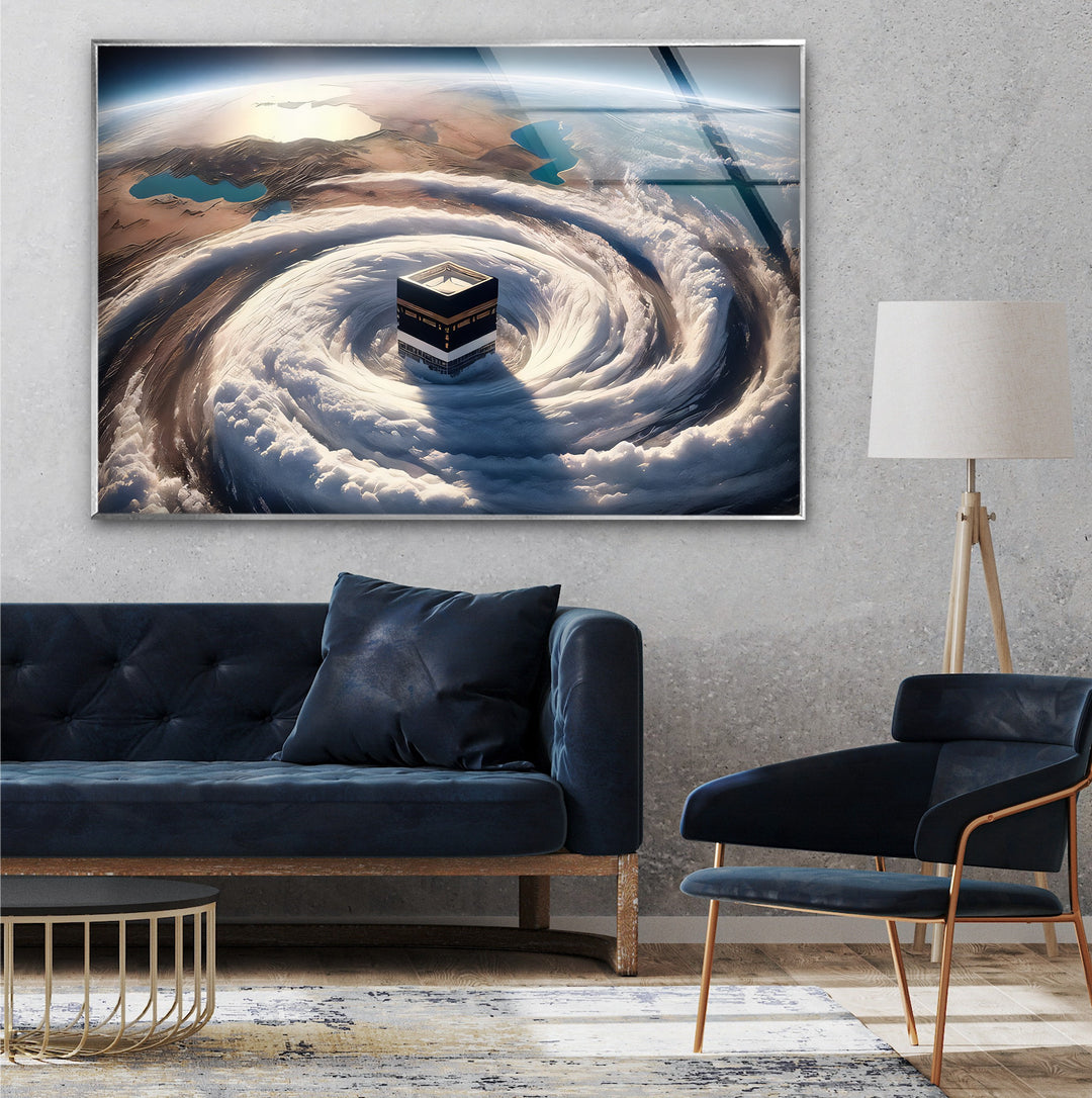 Divine Orbit – Kaaba Surrounded by Celestial Clouds Glass Wall Art