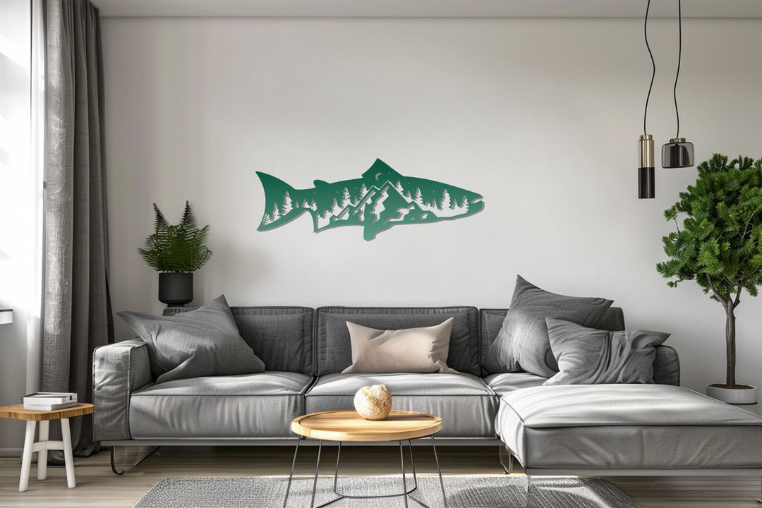 Rustic fish silhouette with forest and mountain design