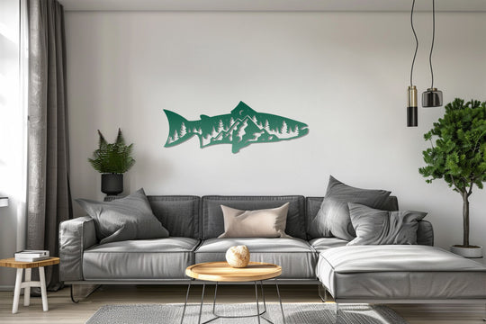 Calm and inviting, this serene living space features a unique metal wall art piece depicting a mountain trout, perfect for creating a relaxing focal point.