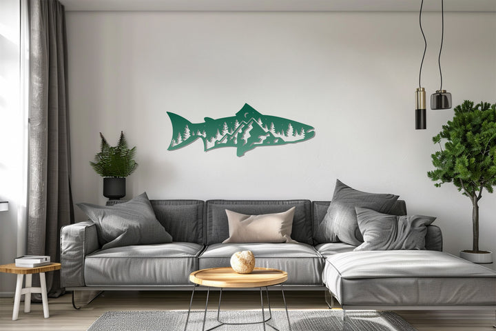 Rustic fish silhouette with forest and mountain design