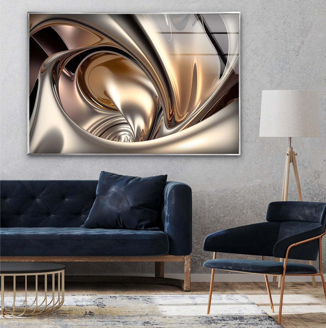 Champagne Alloy Flow – Abstract Gold & Silver Chrome Glass Wall Art