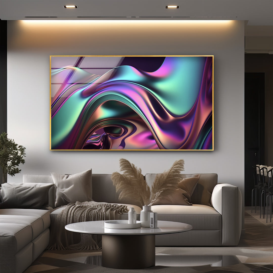 Iridescent Wave Mirage – Neon Chrome Flow Glass Wall Art