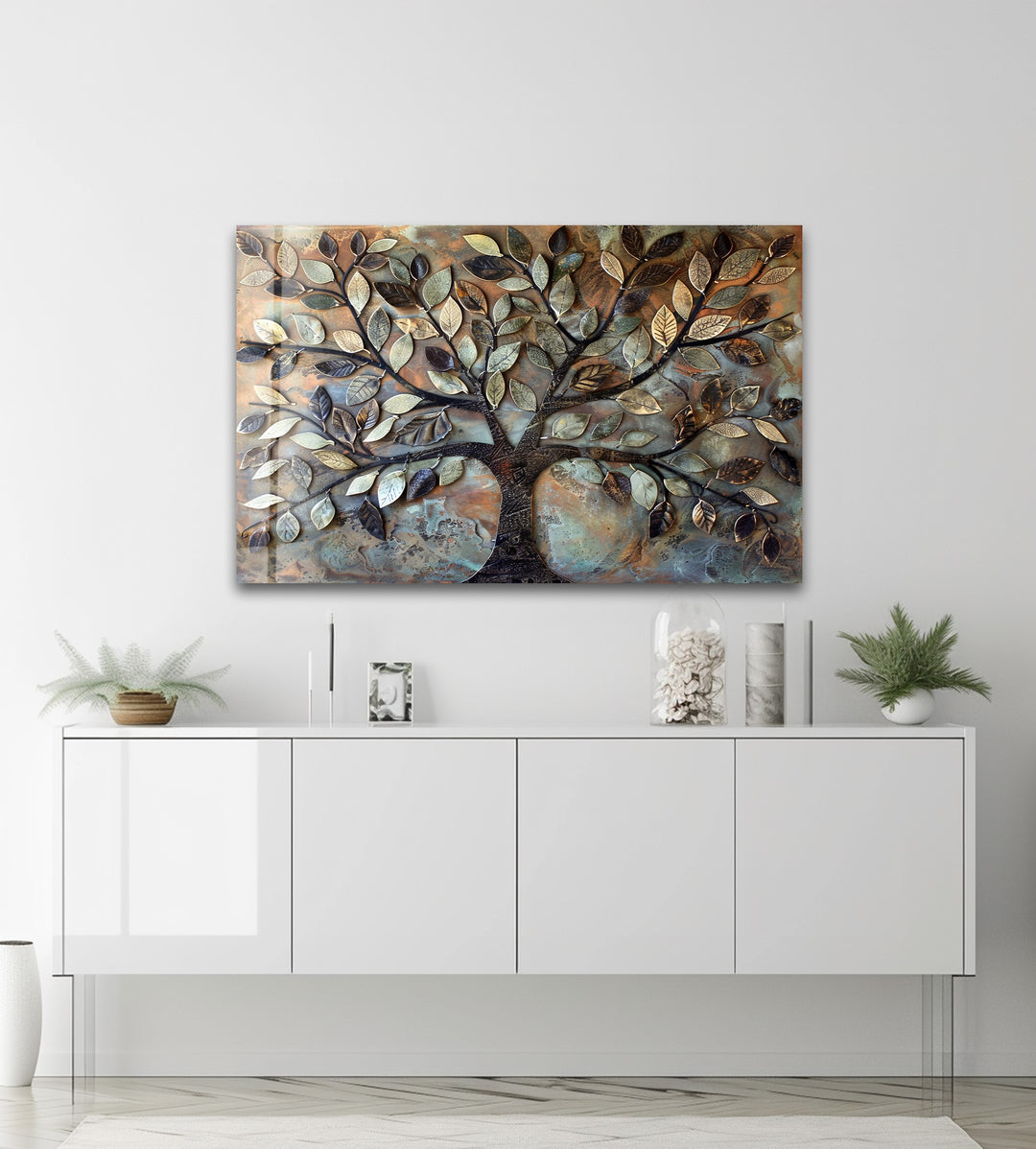 Verdant Bronze Tree – Textured Nature-Inspired Glass Wall Art