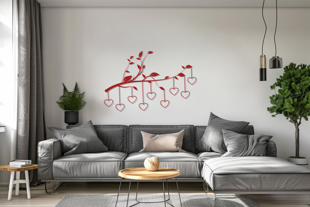 Hanging Hearts on Branch – Romantic Metal Wall Art