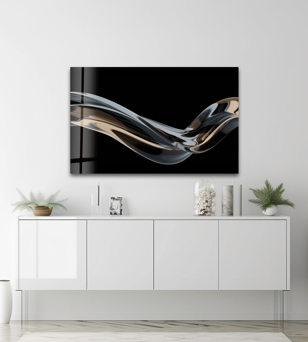 Ebony Silk Wave – Minimalist Metallic Flow Glass Wall Art