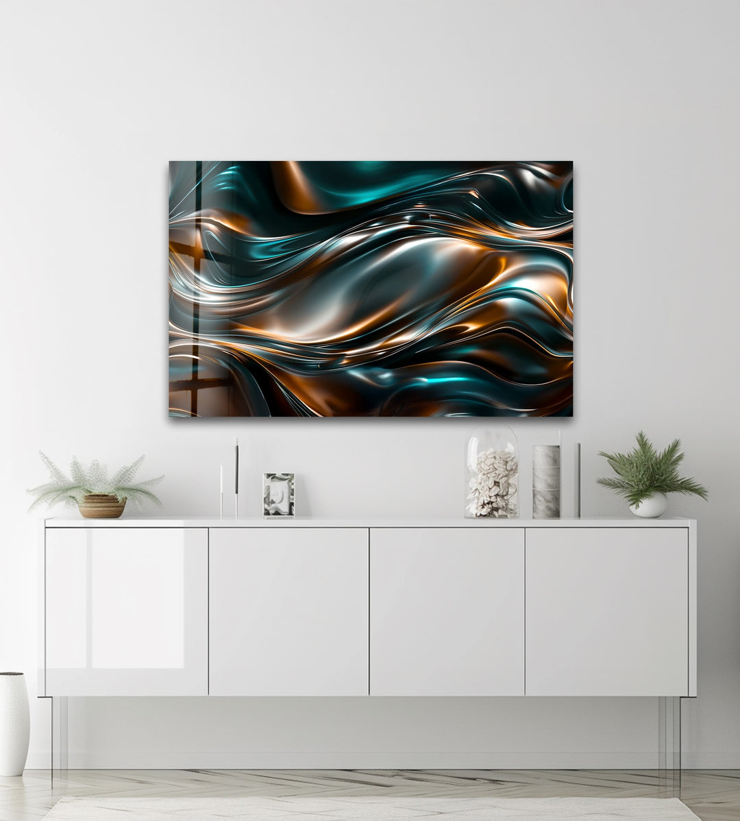 Obsidian Copper Drift – Abstract Metallic Wave Glass Wall Art
