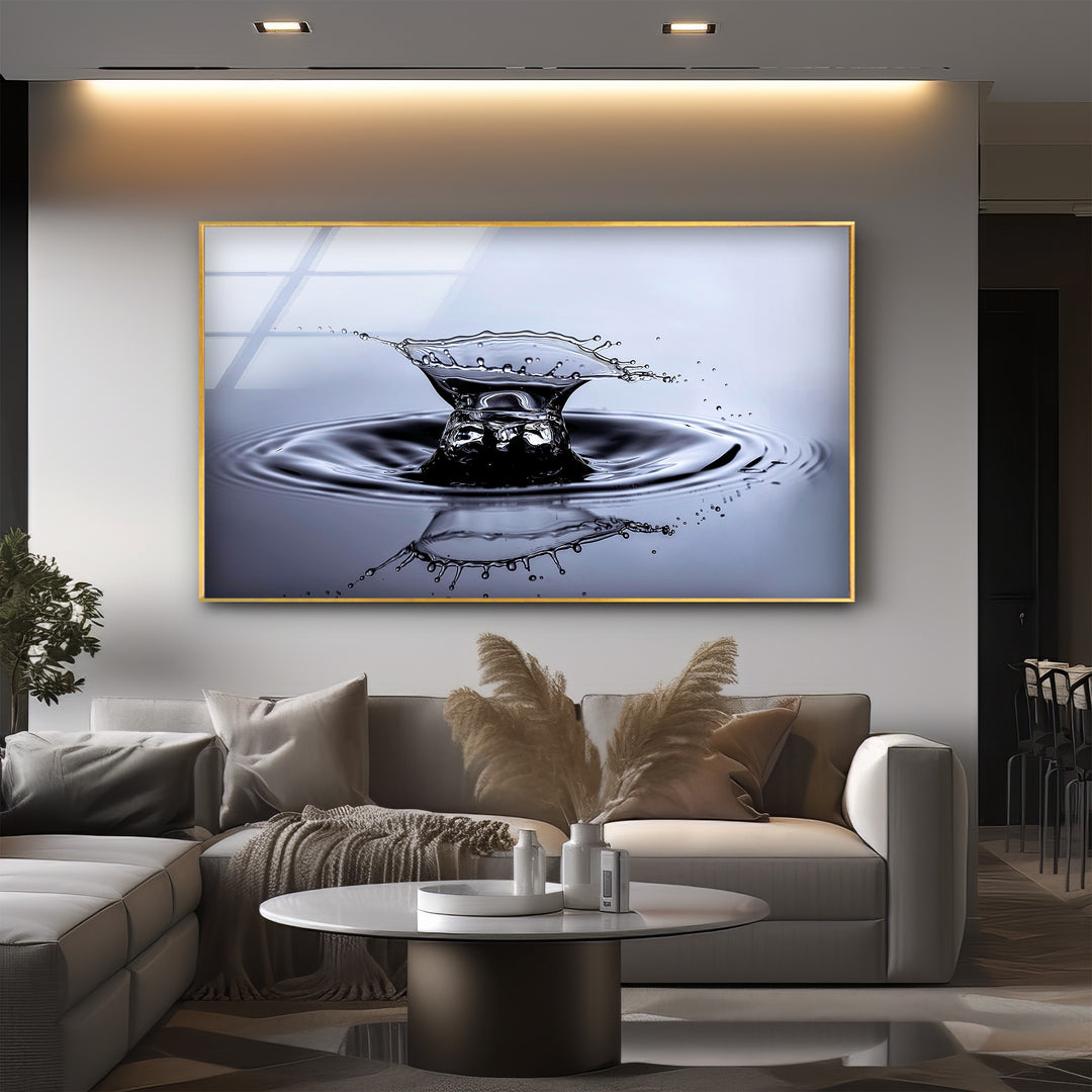 Aqua Impact Moment – Black & Silver Water Splash Glass Wall Art