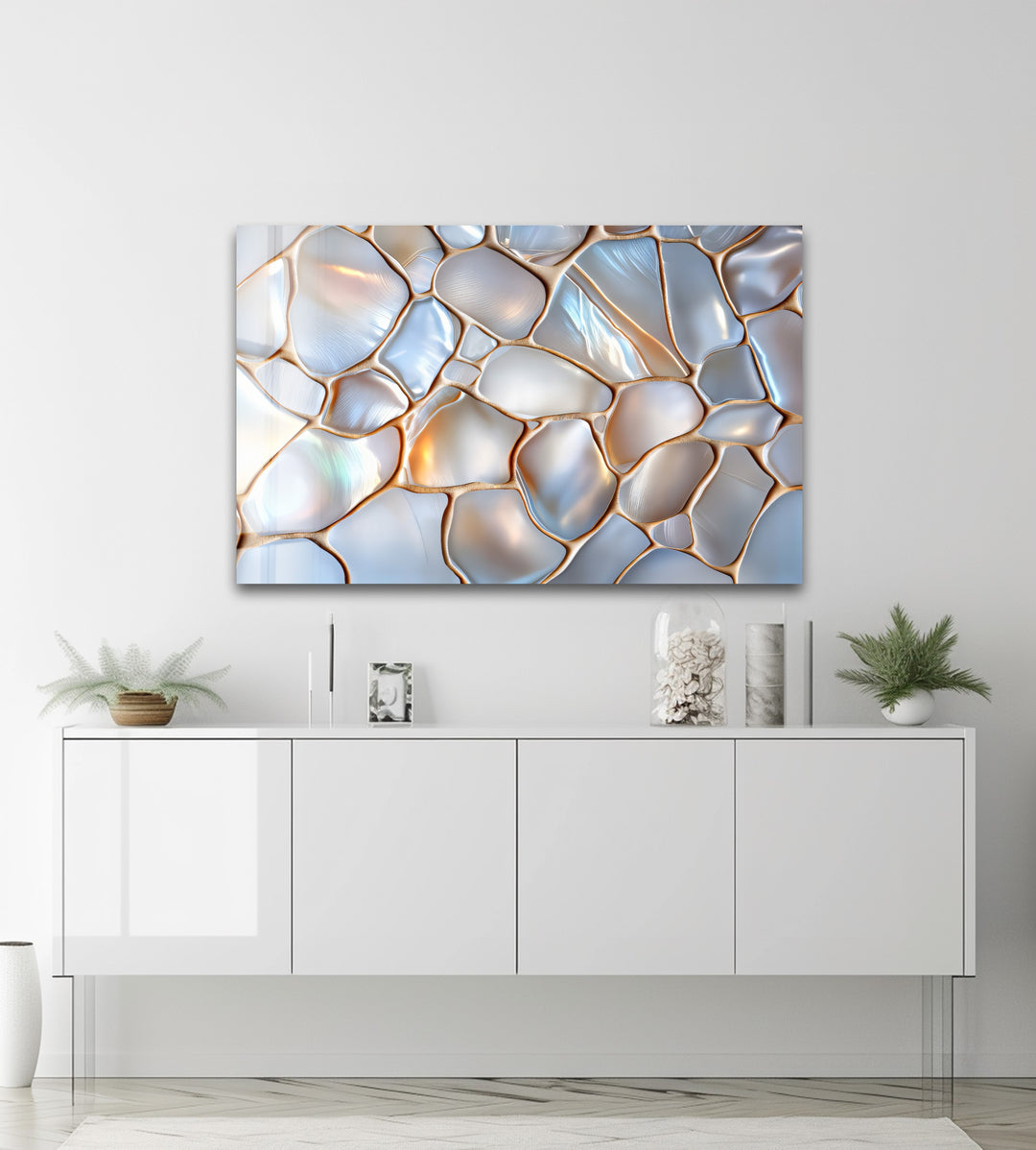 Luminous Stonescape – Iridescent Pebble Glass Wall Art