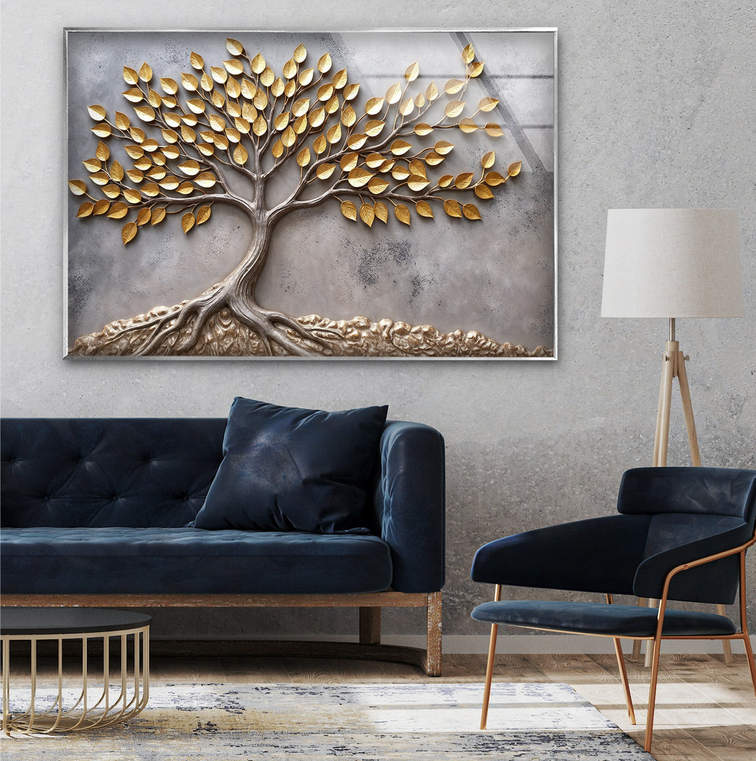 Eternal Roots Gold Harmony – Luxury Tree of Life Glass Wall Art