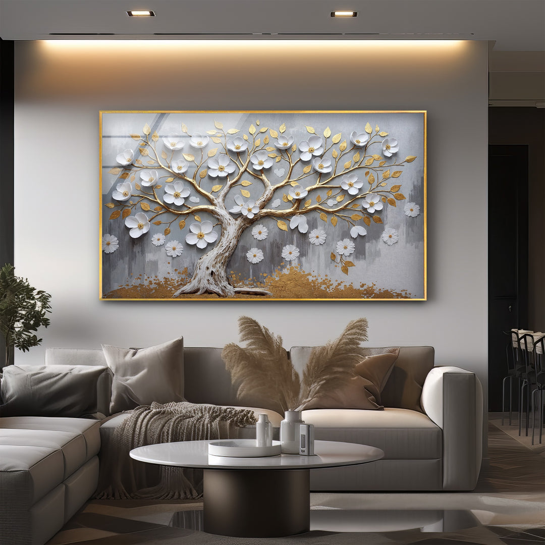 Golden Blossom Tree – Elegant Floral Relief Glass Wall Art