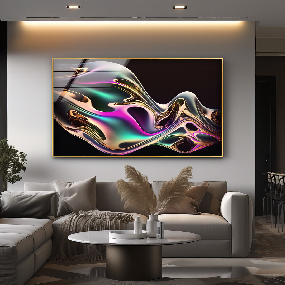 Neon Mirage Flow – Iridescent Metallic Wave Glass Wall Art
