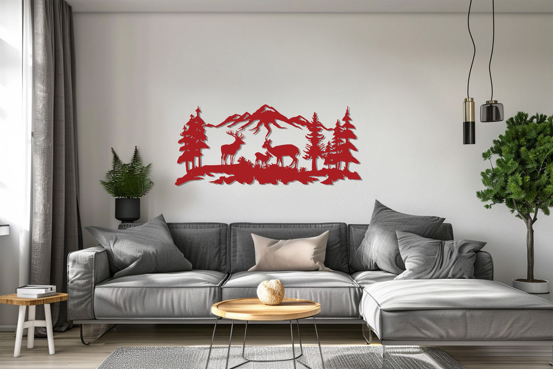 Deer Family Mountain Scene Metal Wall Art – Rustic Nature Decor