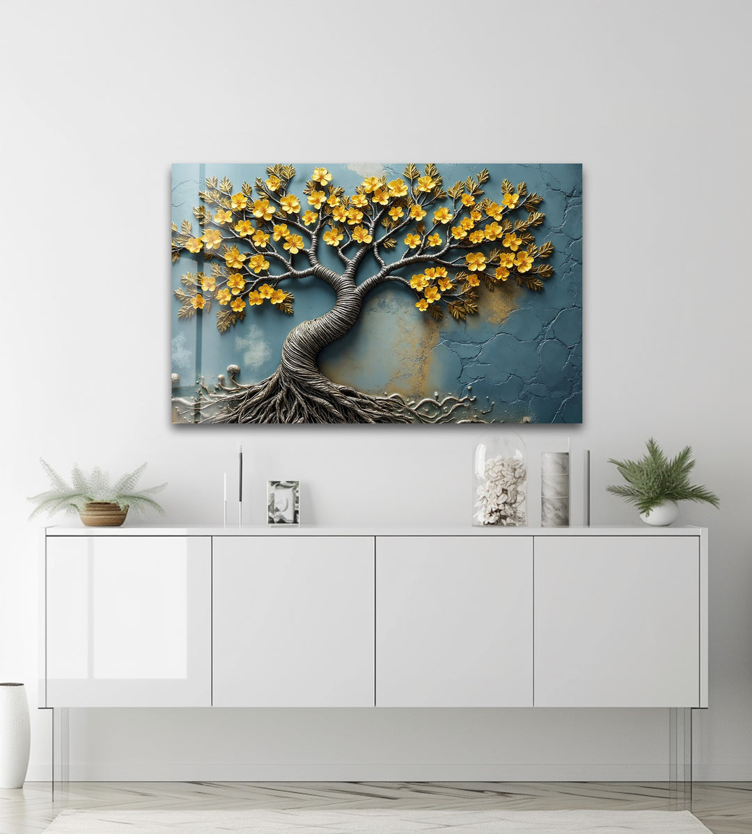 Golden Blossom Roots – Textured Floral Tree Glass Wall Art