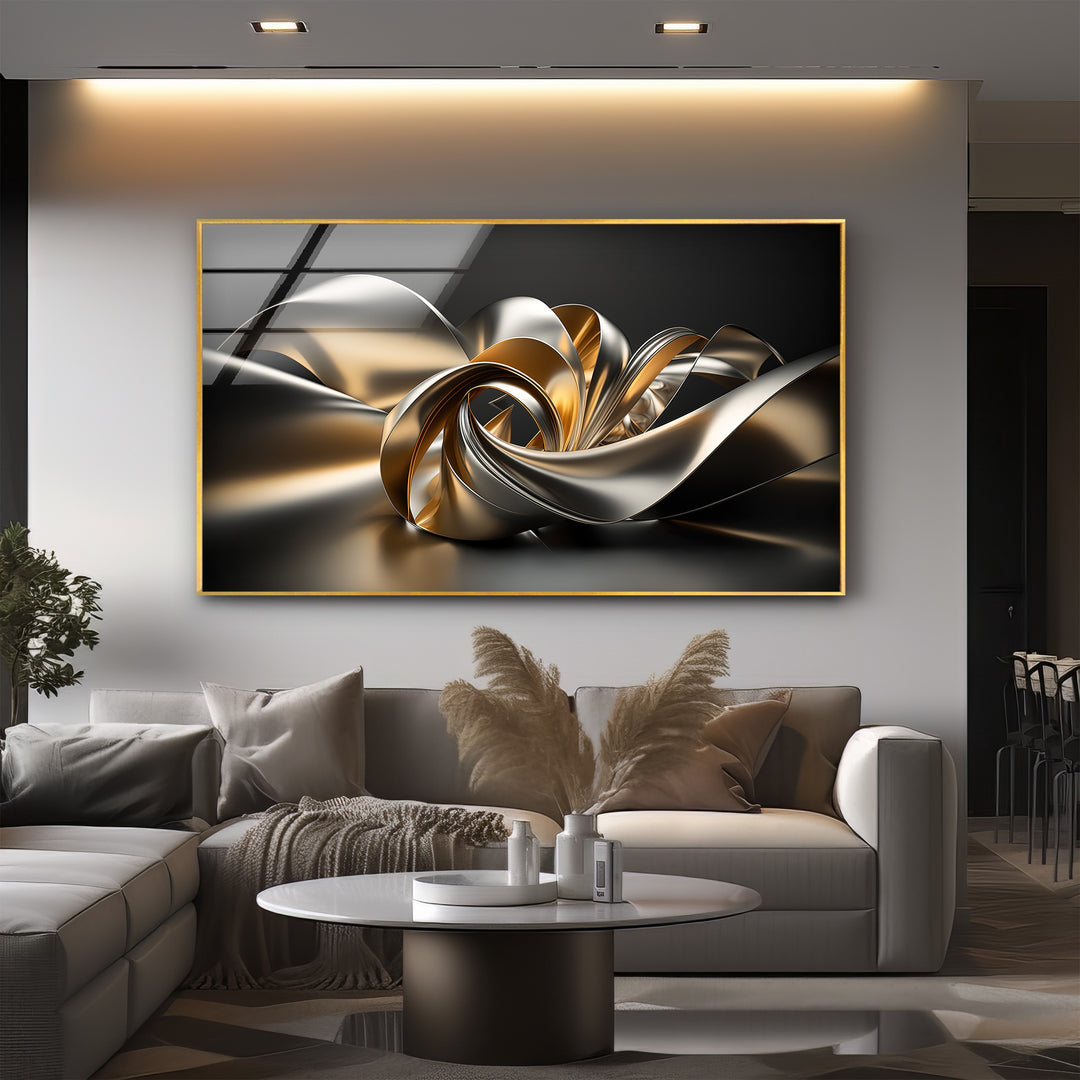 Golden Helix Flow – Abstract Metallic Ribbon Glass Wall Art