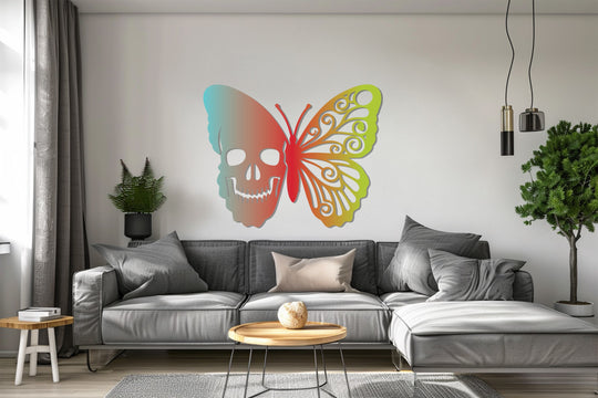 Symbolizing contrast, the loudest element of this Ethereal Duality Skull Butterfly metal artwork features vivid colors in a symbolic design perfect for edgy metal artwork spaces.