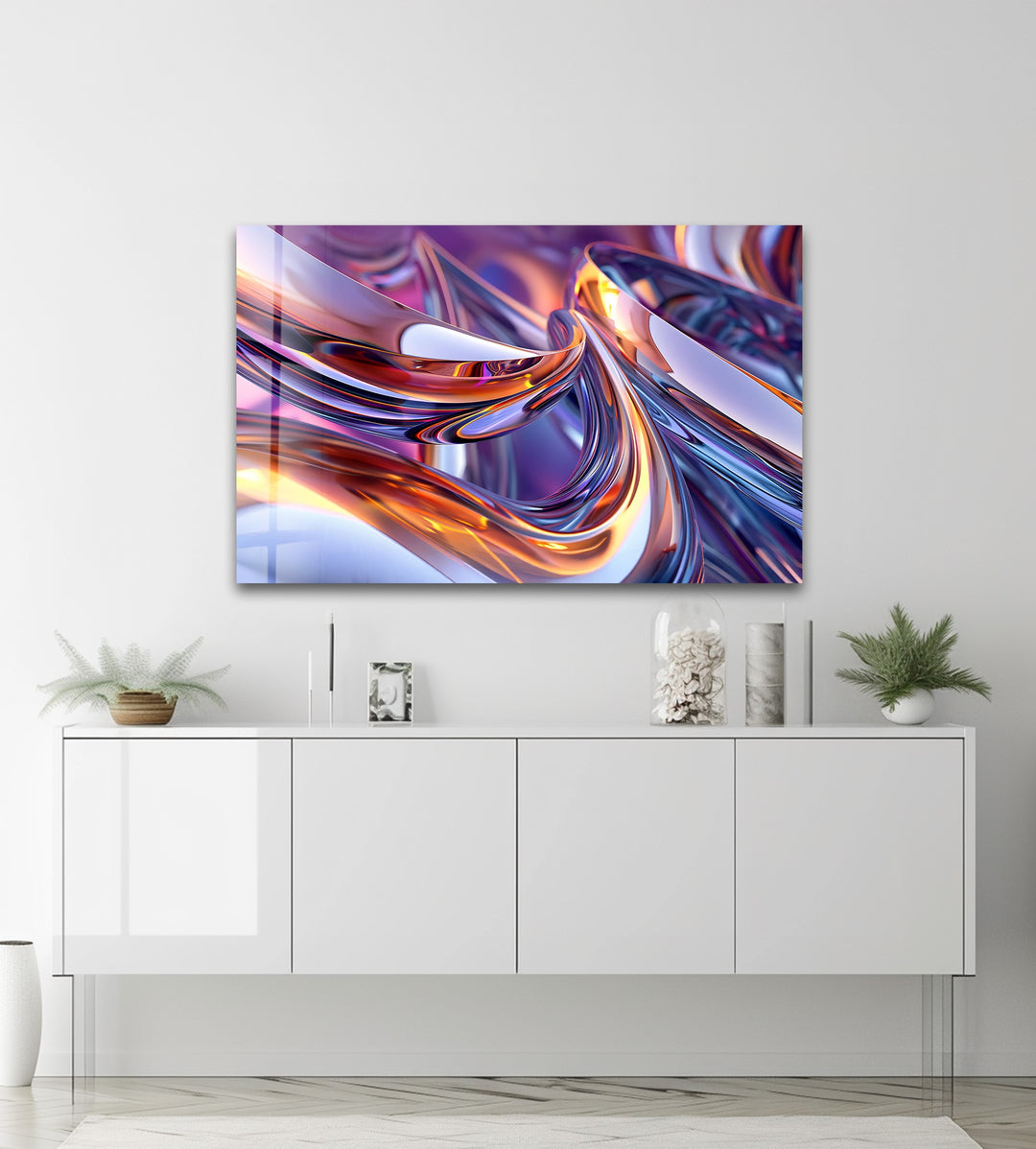 Prismatic Ribbon Fusion – Abstract Chrome Swirl Glass Wall Art