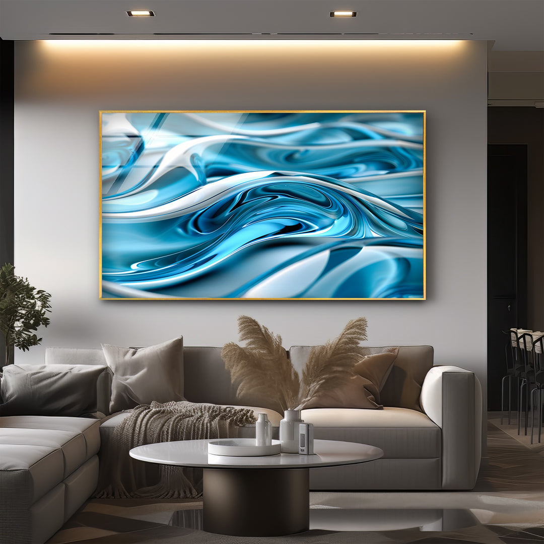 Arctic Wave Flow – Abstract Blue Chrome Fluid Glass Wall Art