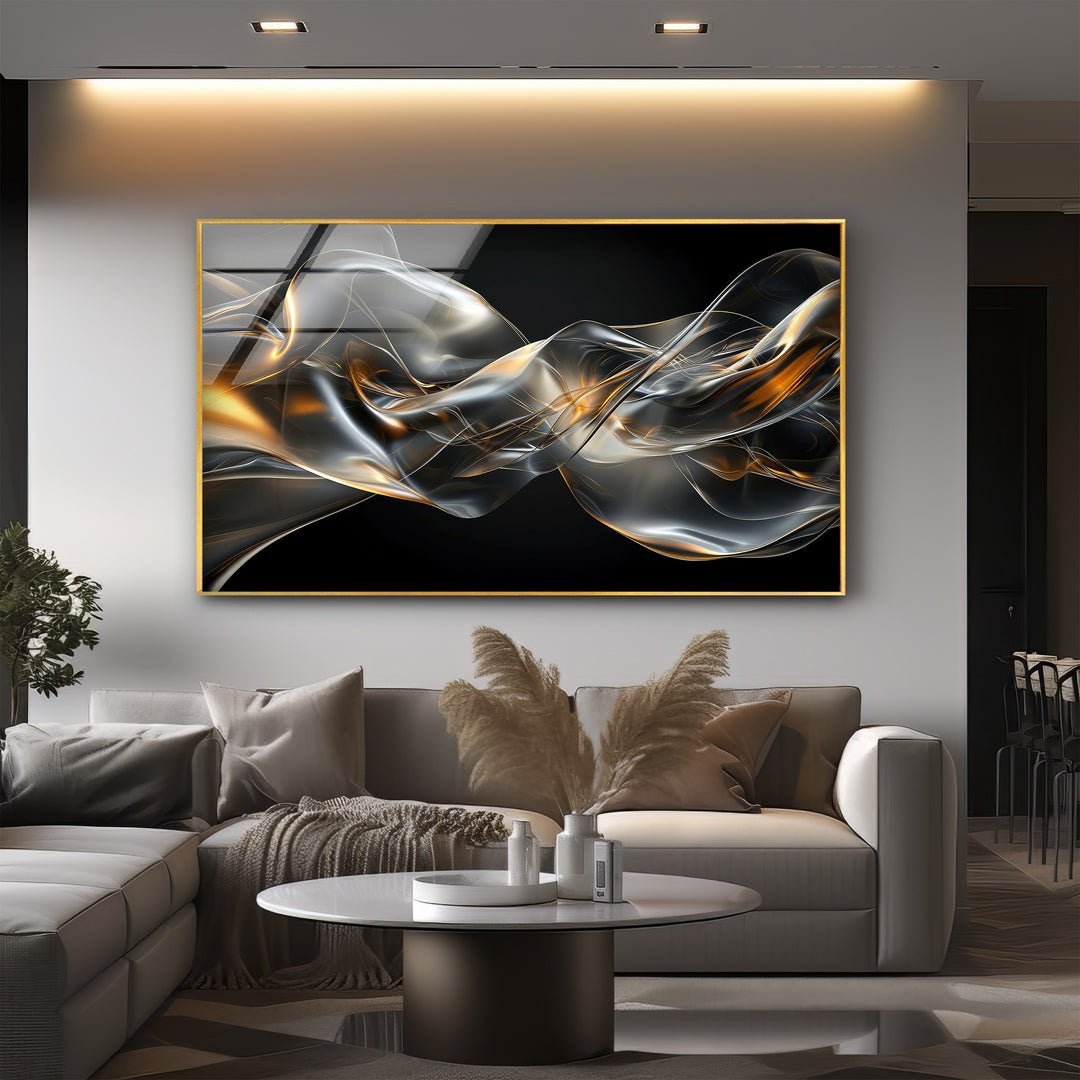 Midnight Ember Drift – Abstract Smoke Gold Glass Wall Art