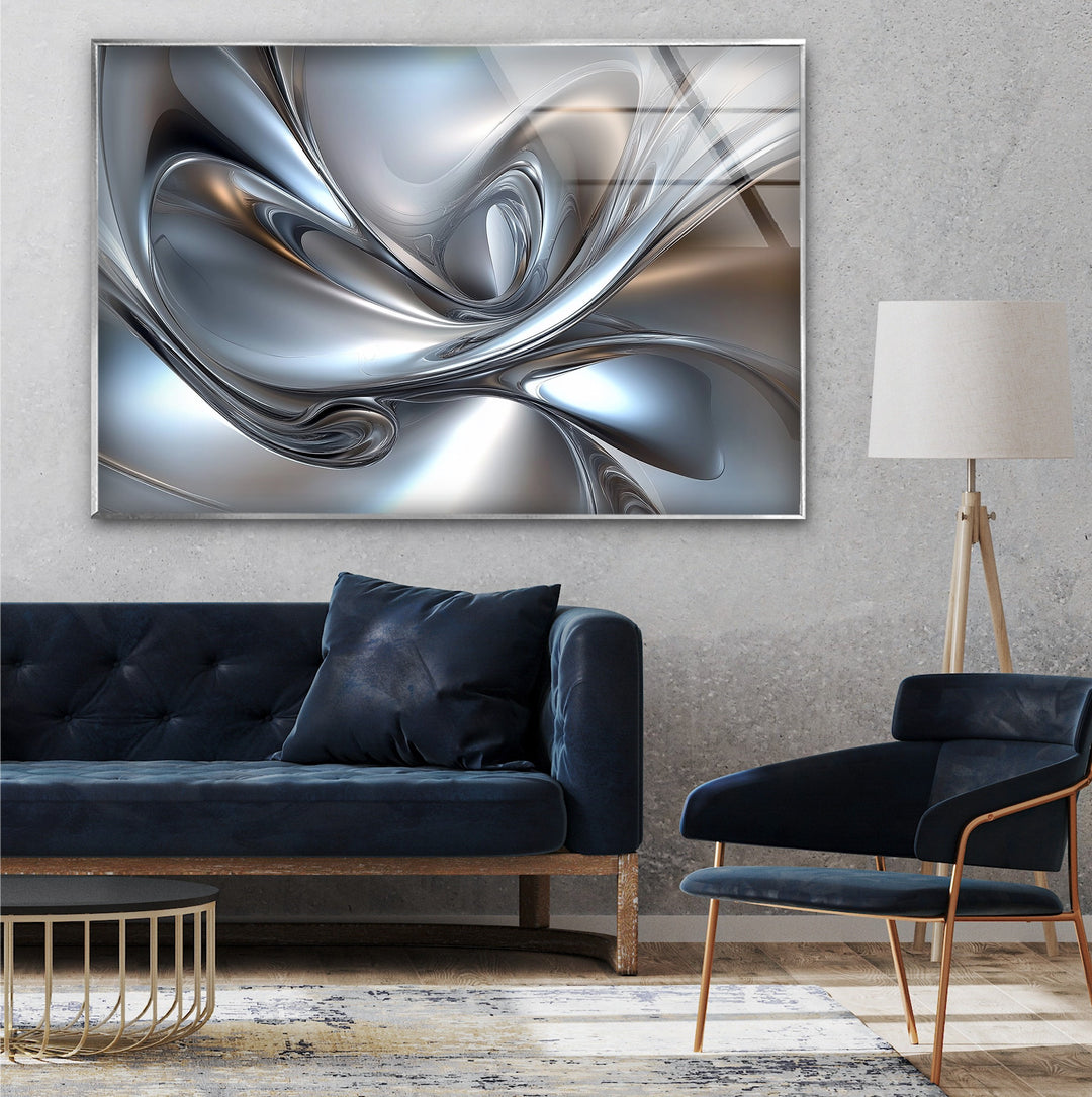 Polar Chrome Drift – Abstract Silver Fluid Glass Wall Art