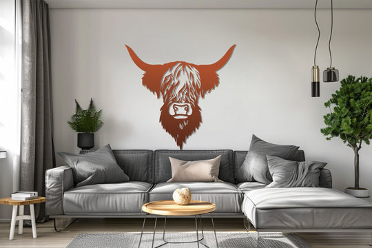 Stillness pervades this striking metal art for wall, featuring a rustic Highland cow silhouette that evokes a serene farmhouse ambiance.