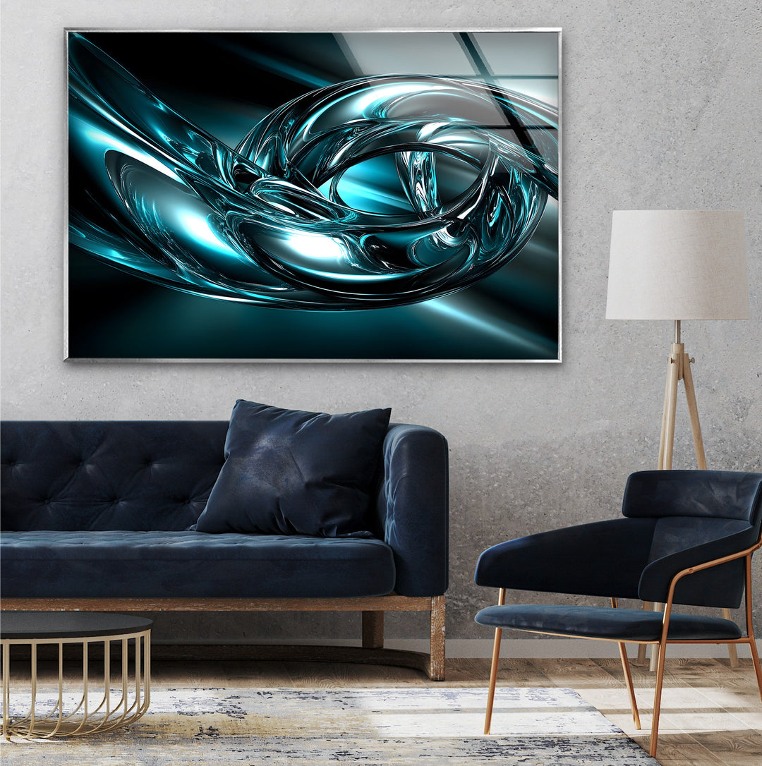 Aqua Vortex Chrome – Abstract Teal Metallic Motion Glass Wall Art